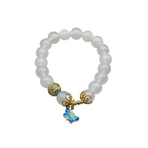 Vintage Semi-Precious Stone Bracelet With Butterfly Charm Beaded Elastic Stretch